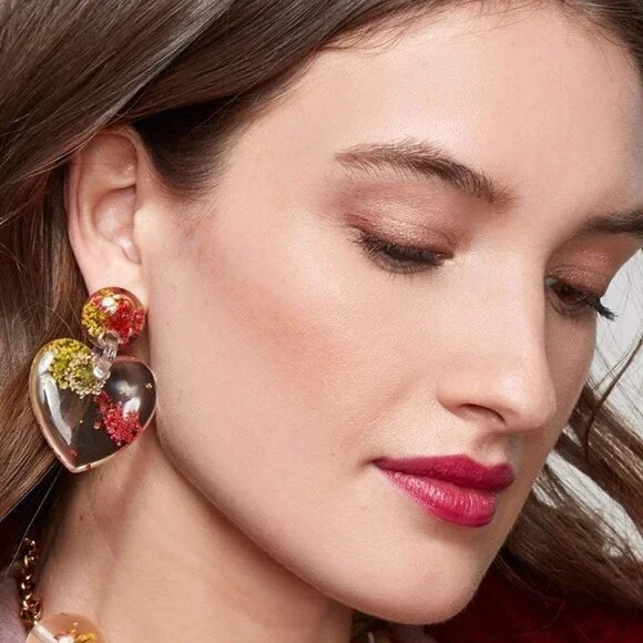 Lele Sadoughi Pink Allium Dried Floral Heart Earrings NWT Rare - Picture 5 of 5